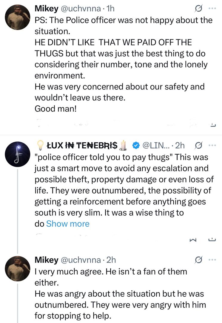 X-user recounts how a police officer saved him and others after their vehicle broke down on 3rd mainland bridge